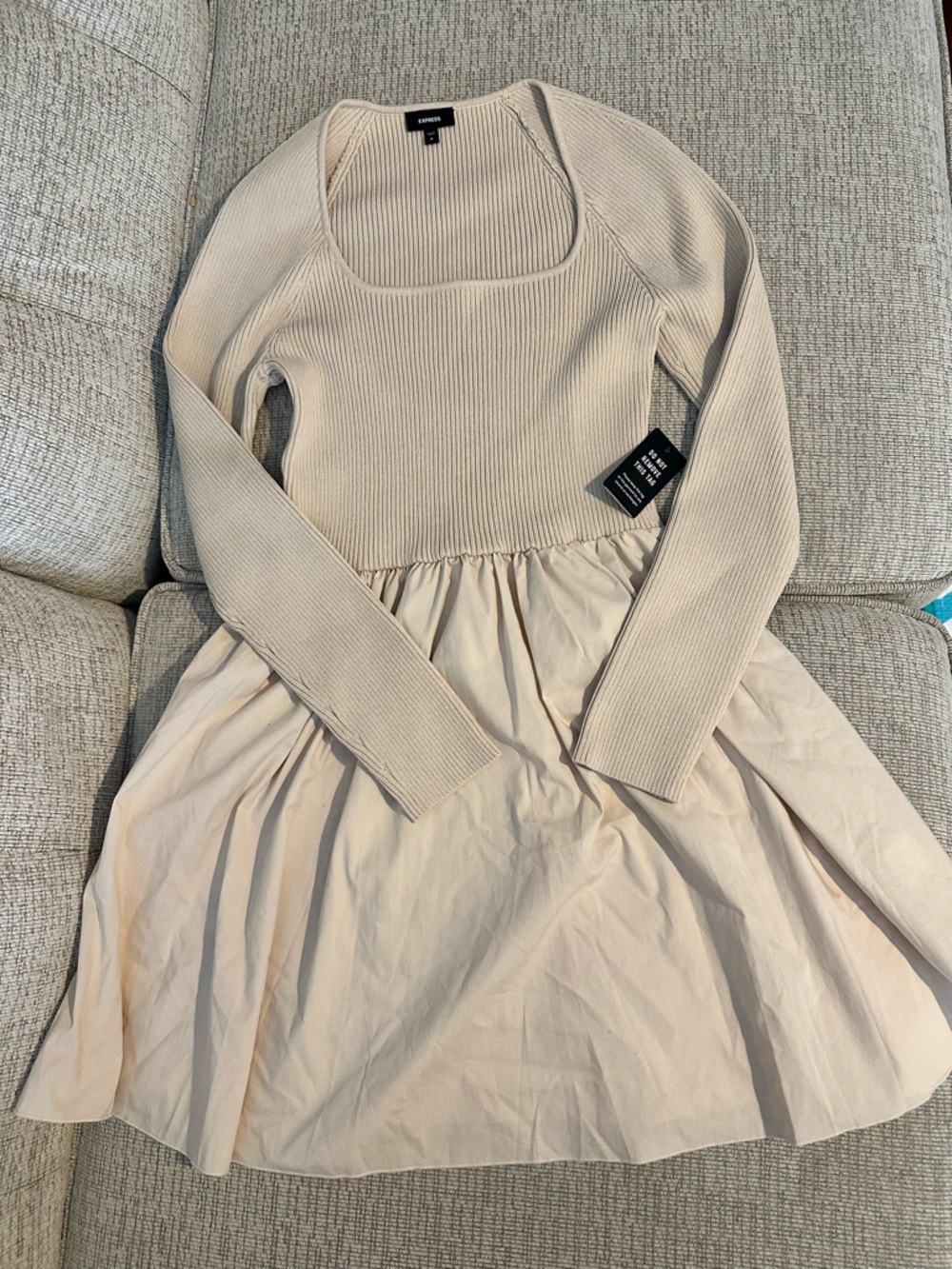Express Beige Ribbed Fit & Flare Dress